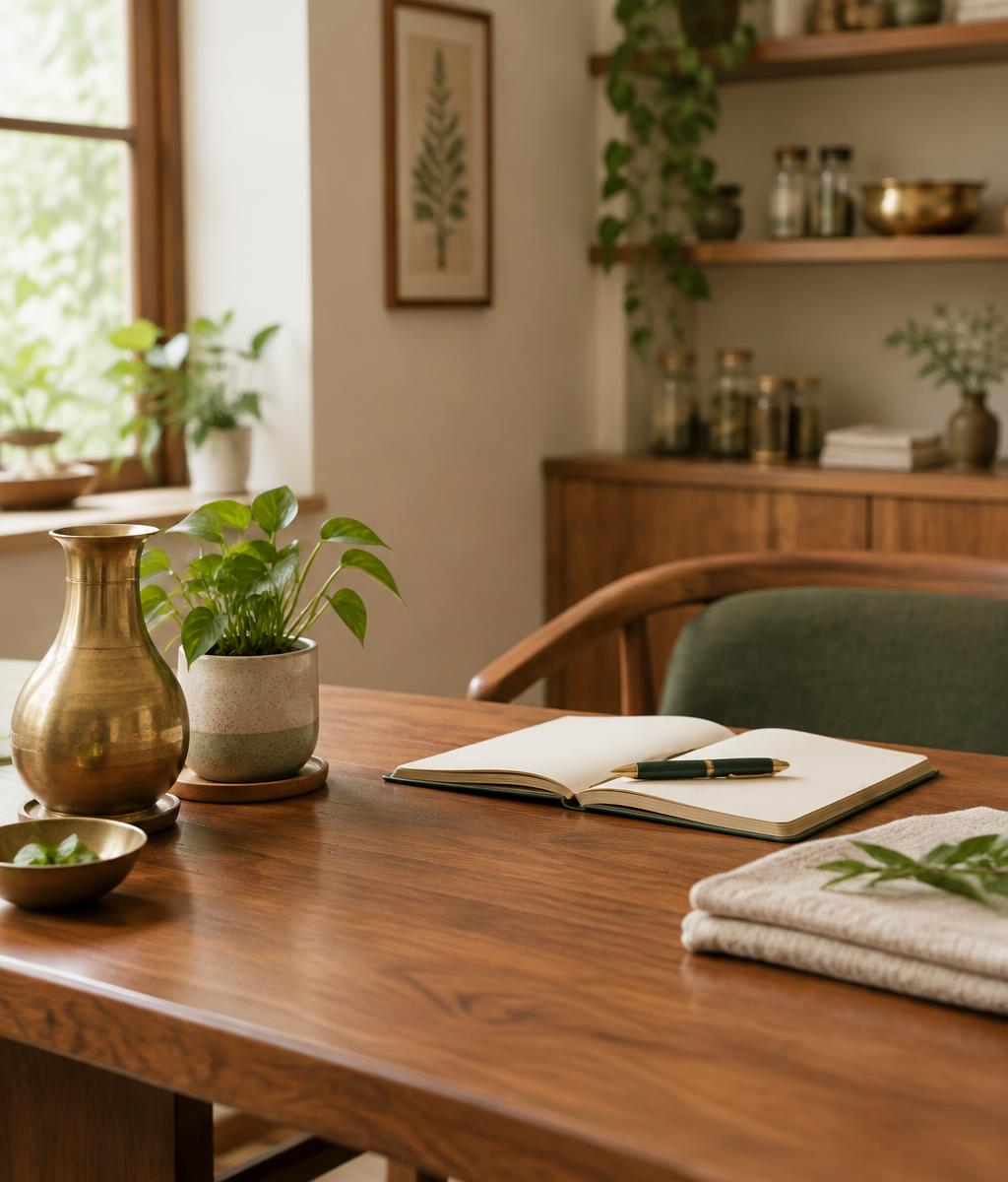A calm consultation desk with a brass carafe, potted plant and open notebook in soft daylight