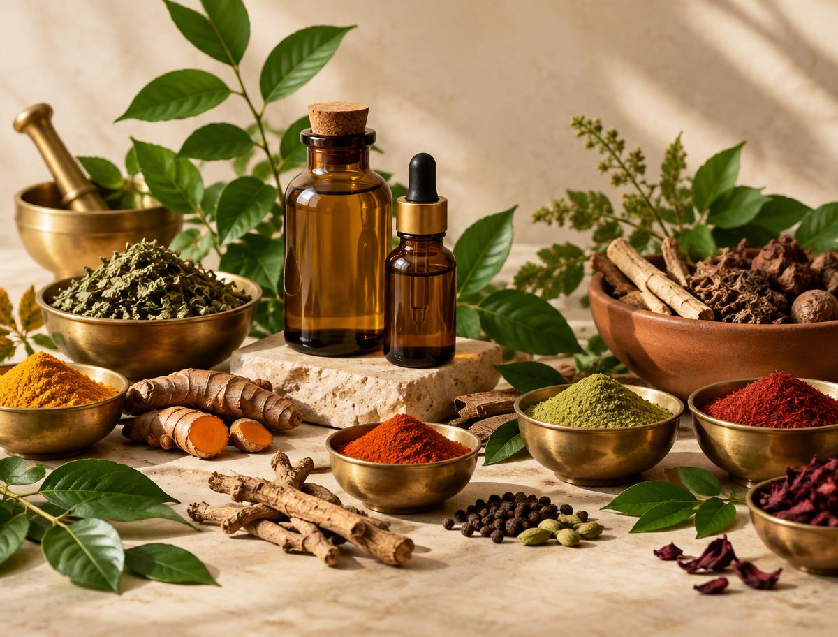 Amber bottles of herbal oil, dried herbs and spice powders arranged on a warm stone surface
