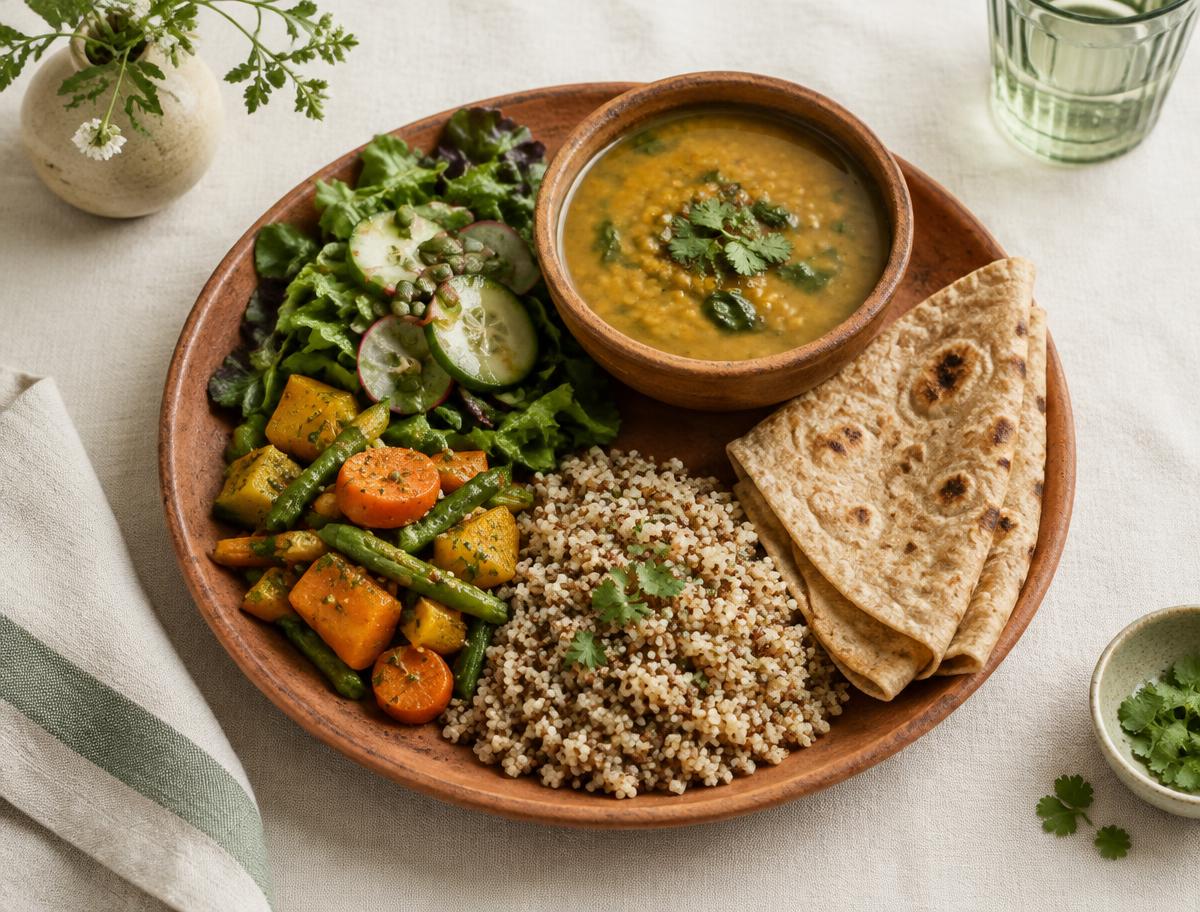A balanced vegetarian plate with seasonal vegetables, grains, dal and flatbread in natural light