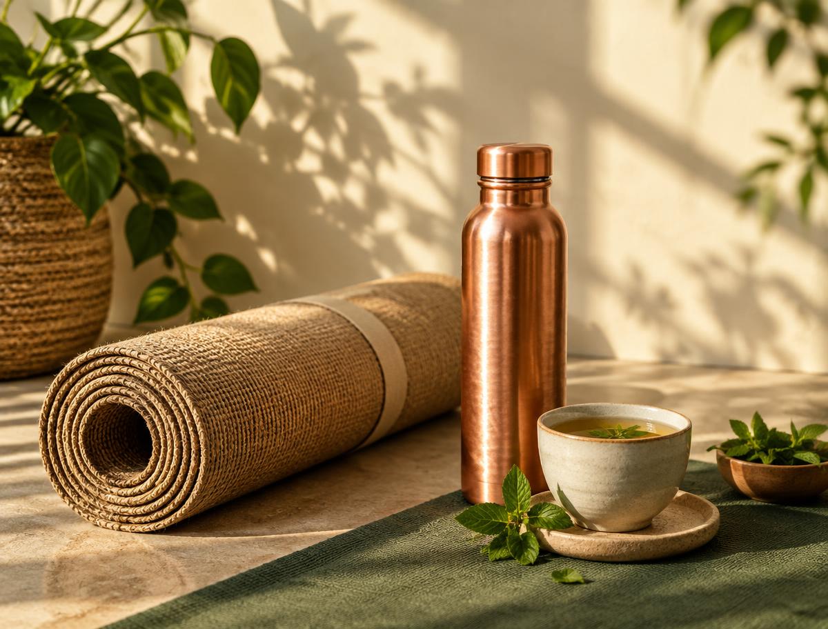 A jute yoga mat, copper water bottle and herbal tea in soft morning sunlight