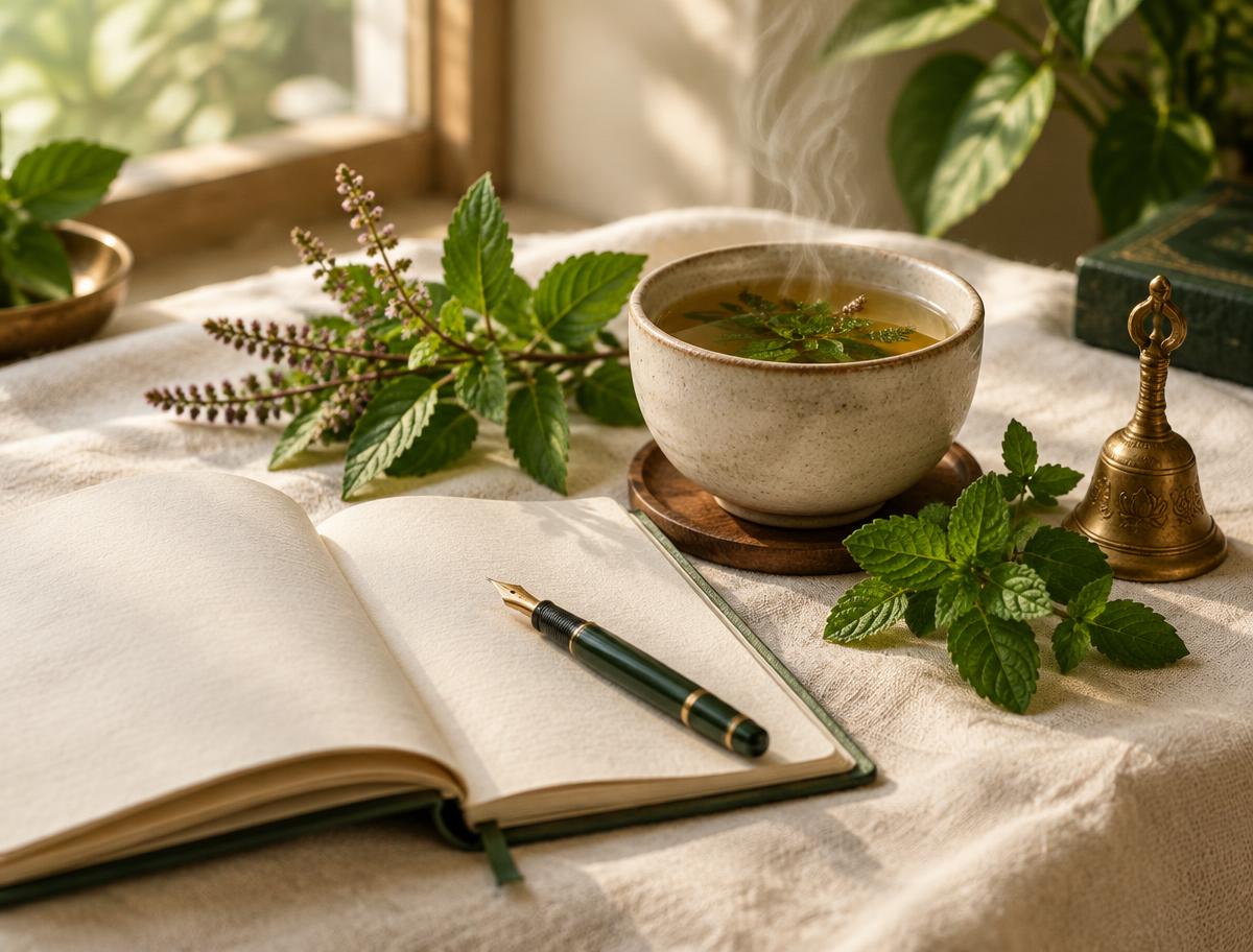An open journal, herbal tea with steam, fresh tulsi and mint sprigs and a small brass bell in soft window light